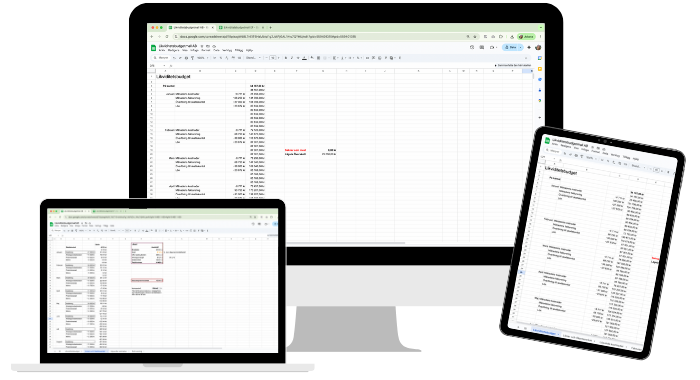På den stationära datorn visas en bokföringsmall med kolumner för datum, konton och belopp. På surfplattan syns en likviditetsbudgetmall med rader för inkomster och utgifter grupperade i kategorier. Den bärbara datorn visar en tredje vy med tabellstruktur och summerade fält. Mallarna är på svenska och innehåller röd markeringstext som lyfter fram specifika celler.